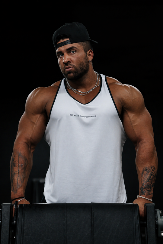 Fast-Dry Bodybuilding Workout Stringer - White w/ Navy Menace