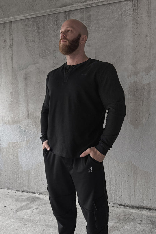 Waffle Knit Henley Long Sleeve T-Shirt - Black