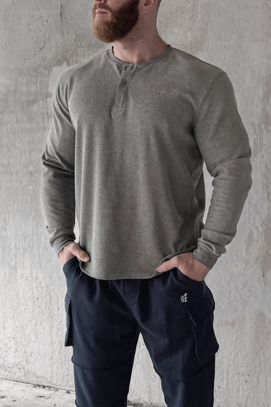 Waffle Knit Henley Long Sleeve T-Shirt - Dark Gray