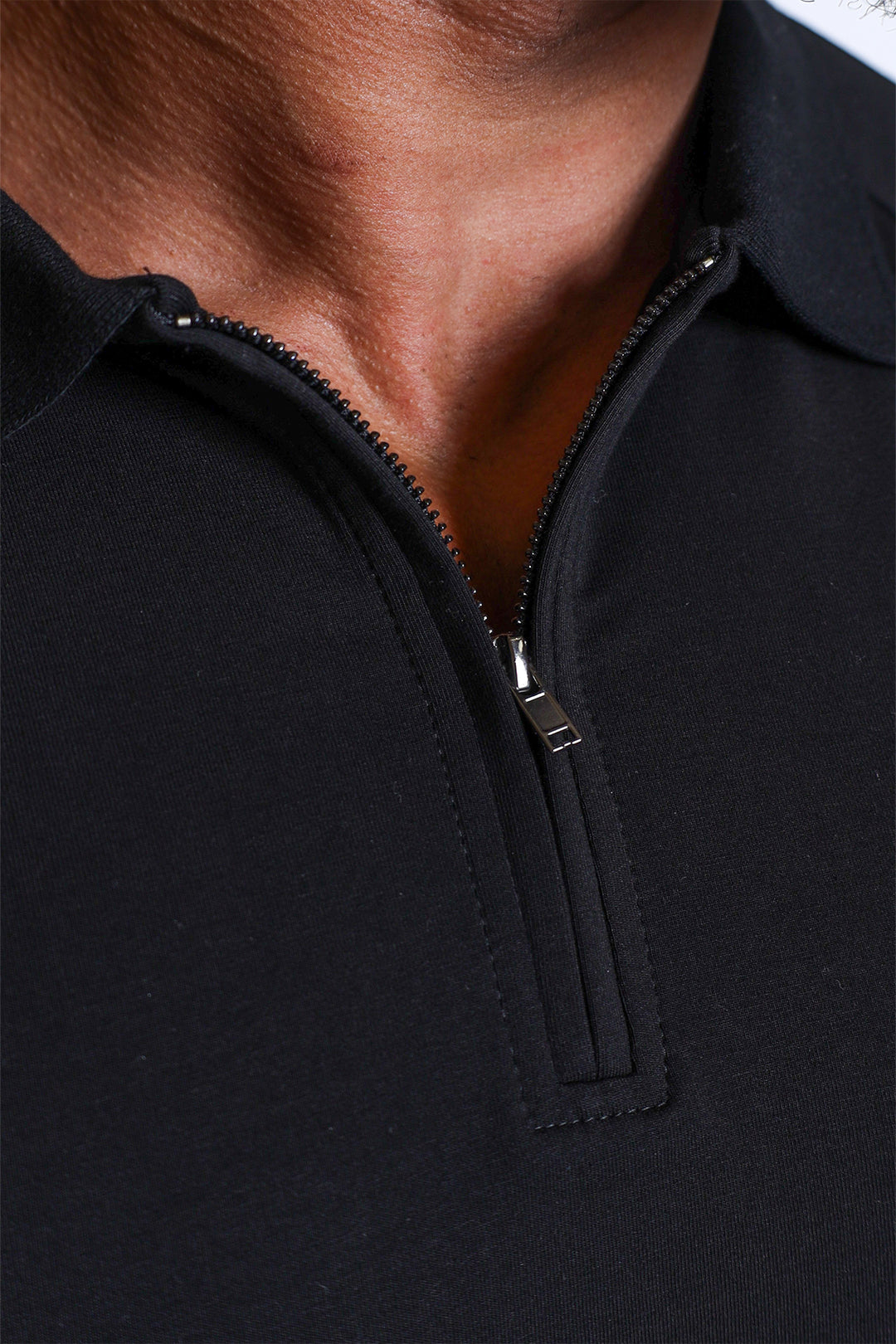 Zip-Up Muscle-Fit Collared Tee - Black