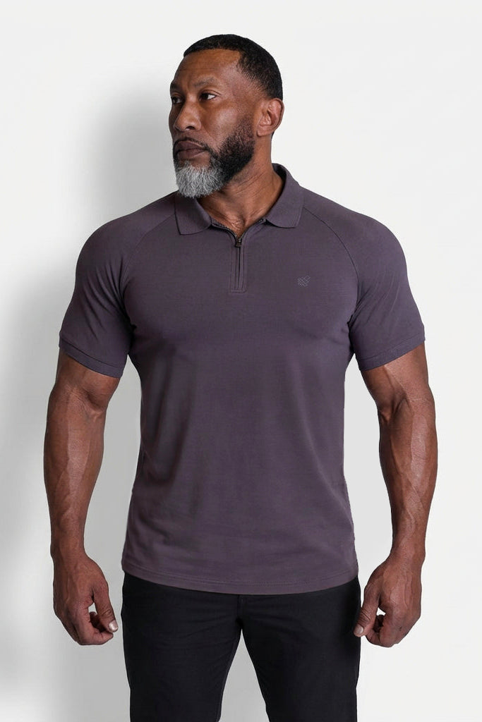 Premium Muscle-Fit Polo Tee w/ Zipper - Dark Gray