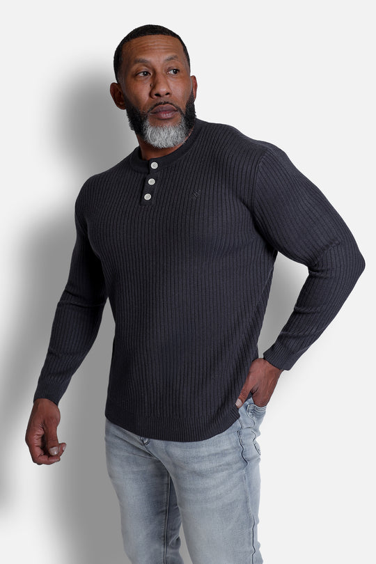 Ribbed Henley Collar Longsleeve  - Dark Gray