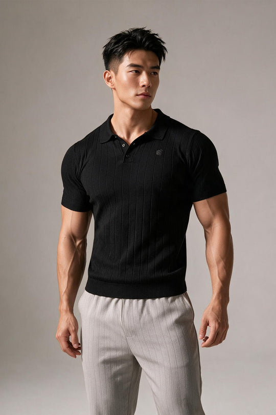 Rib Knit Collared Polo  - Onyx Black
