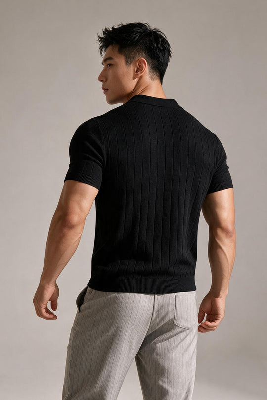 Rib Knit Collared Polo  - Onyx Black