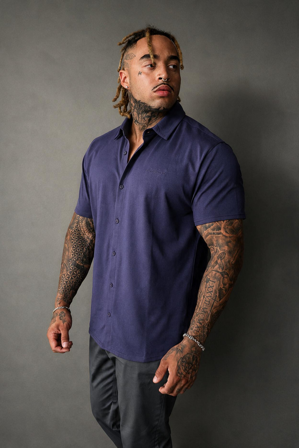 Premium Stretch Button-Up Shirt - Navy Blue
